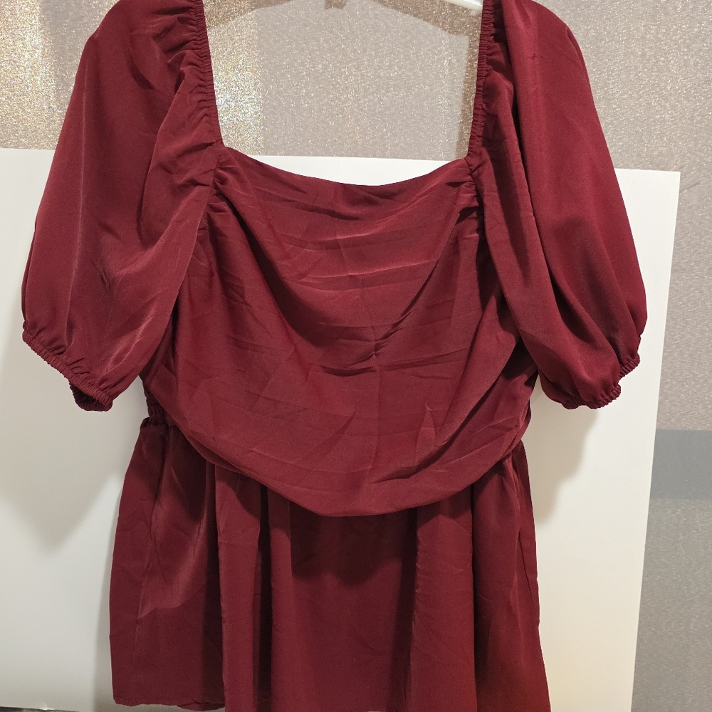 SHEIN Wine Red Smocked Puff Sleeve Peplum Top XL Burgundy Square Neck + GIFT